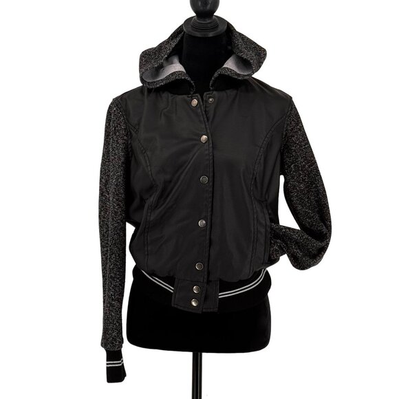 New Look Hoodie Jacket Women L Faux Leather Knit Y2K Varsity Stripe Zip 90s Snap - Picture 1 of 7